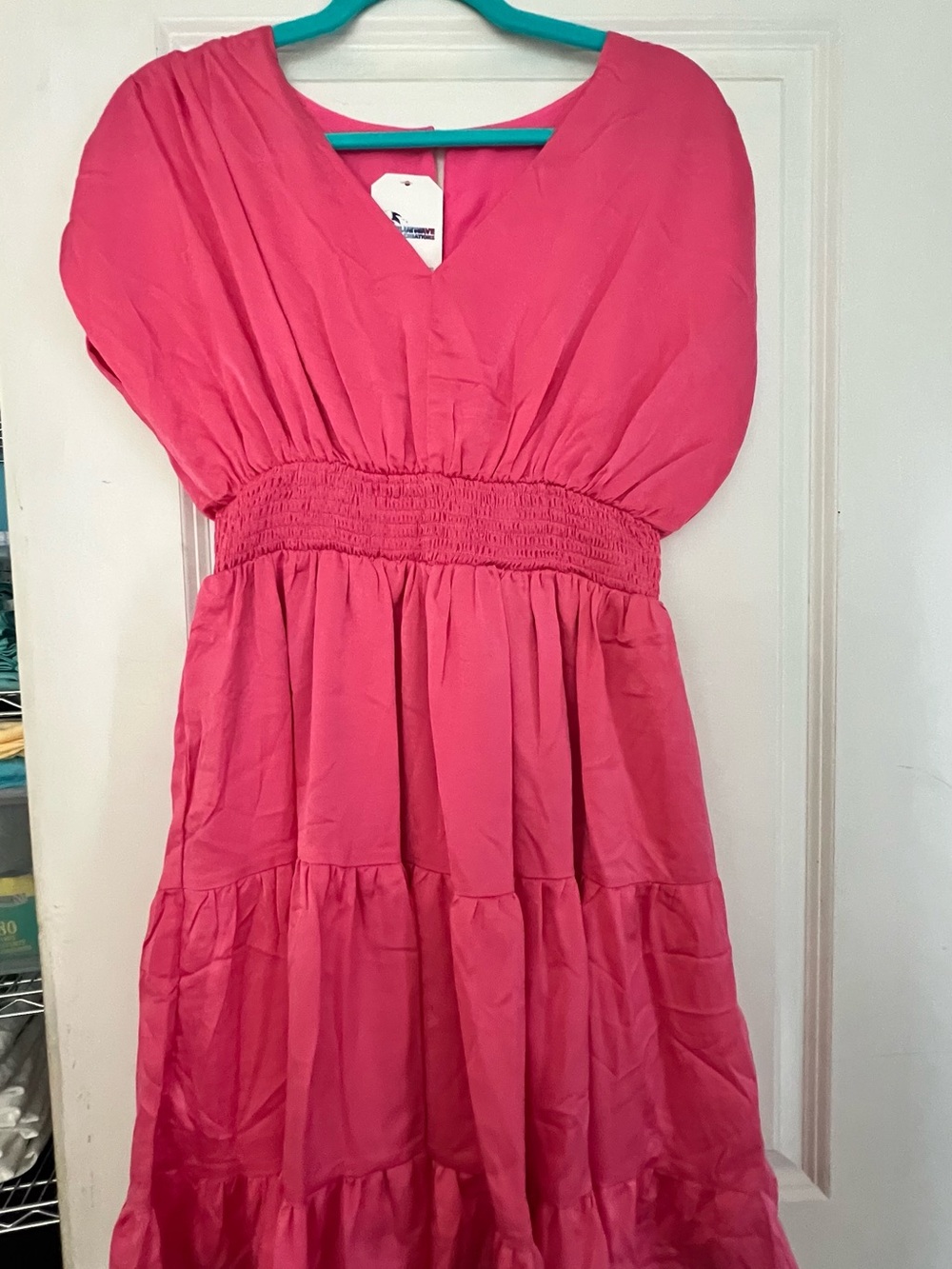 Ladies Hot Pink Tiered V-Neck Dress with Smocked Waist
